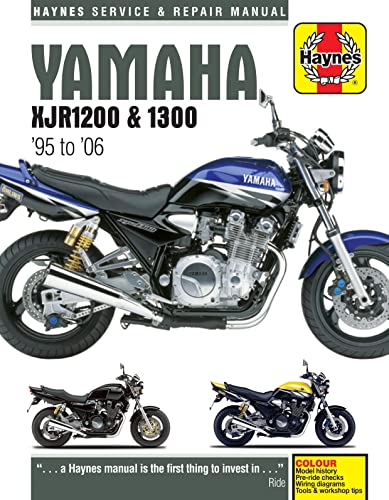 Haynes repair manual cover featuring a blue Yamaha XJR1200/1300 motorcycle.