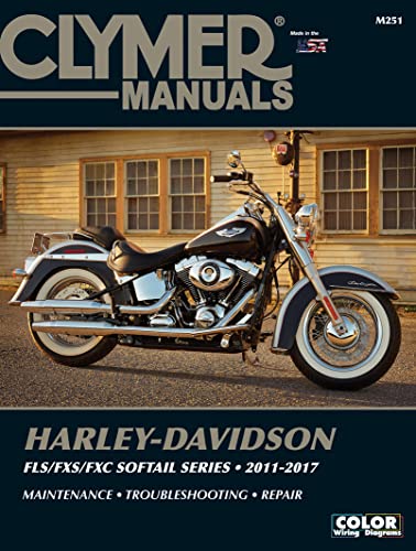 Clymer repair manual cover featuring a black Harley-Davidson Softail motorcycle.