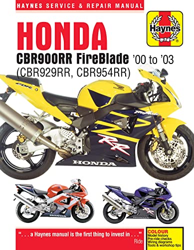 Motorcycle repair manual with black cover and white text and Honda CBR900RR images.