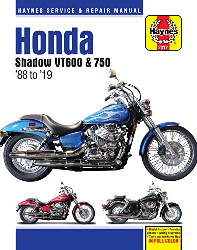 Haynes repair manual cover featuring a blue Honda Shadow cruiser and two smaller motorcycles.