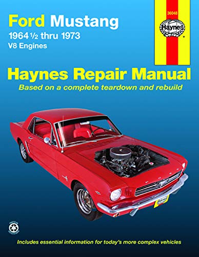 Red 1960s Ford Mustang with open hood, Haynes repair manual cover.