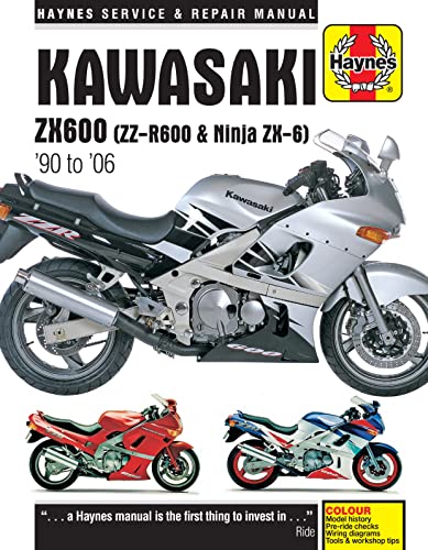 Haynes repair manual cover for Kawasaki ZX600 motorcycles featuring silver, red, and blue bikes.