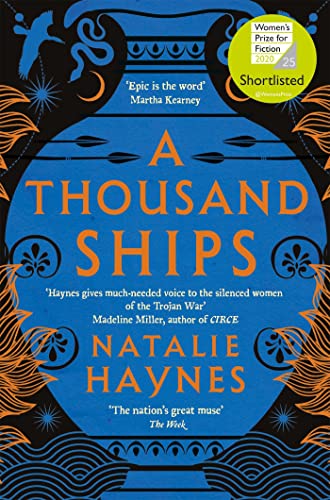 Book cover: “A Thousand Ships” with a blue and gold Grecian urn design.