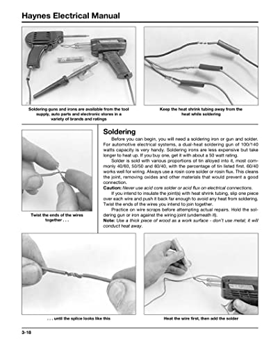 Haynes automotive electrical manual showing soldering tools and wiring techniques.