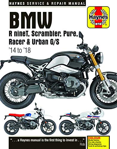 Haynes repair manual cover featuring a silver and black BMW R nineT motorcycle.