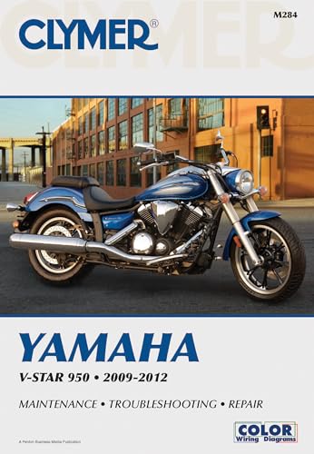 Clymer repair manual cover featuring a blue Yamaha V-Star 950 motorcycle.