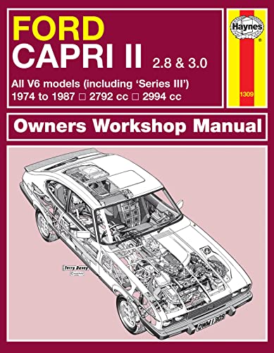 Haynes repair manual cover for Ford Capri 2.8 & 3.0, with cutaway car illustration.