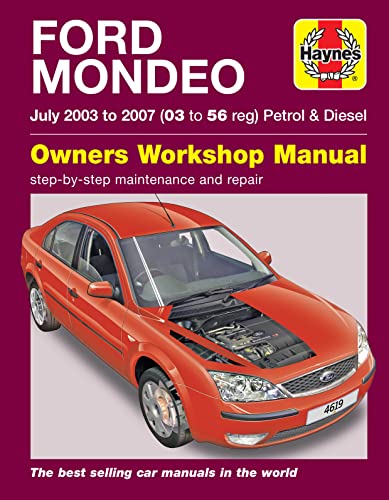 Haynes Owners Workshop Manual for Ford Mondeo featuring a red car with open hood.