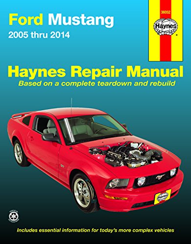 Red Ford Mustang car with open hood, Haynes repair manual cover.