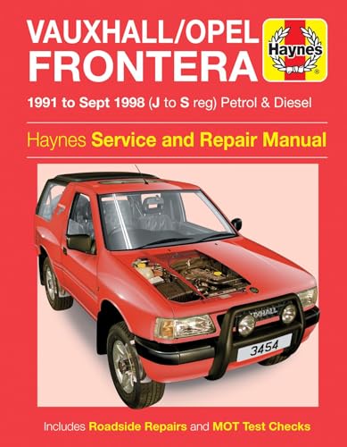 Haynes repair manual cover for a red Vauxhall/Opel Frontera, 1991-1998.
