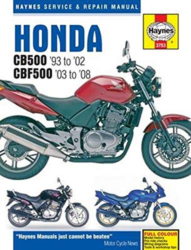 Haynes repair manual cover featuring a red Honda CB500 motorcycle.