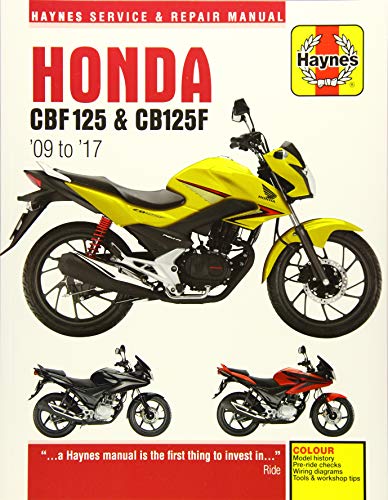 Haynes repair manual cover featuring a yellow Honda CBF125 motorcycle.