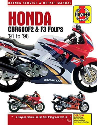 Haynes repair manual cover featuring a red and silver Honda CBR600F2 motorcycle.