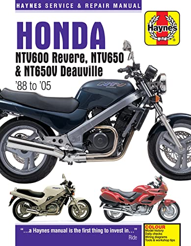 Haynes repair manual cover featuring a dark blue Honda NTV600 Revere motorcycle.