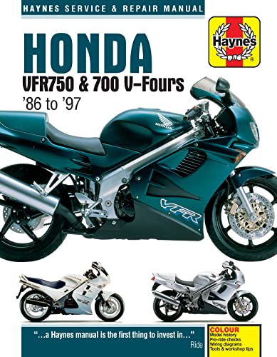Haynes repair manual cover featuring a dark green Honda VFR750 motorcycle.
