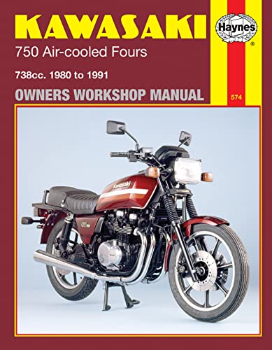 Red Kawasaki motorcycle on cover of a Haynes repair manual.