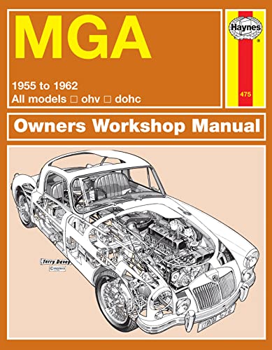Orange cover of "MGA Owners Workshop Manual" with car illustration.