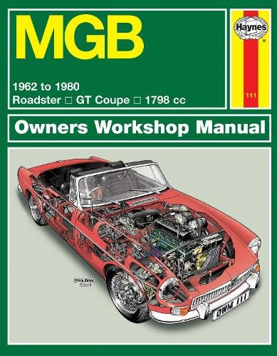 Haynes repair manual cover featuring a cutaway illustration of a red MGB.