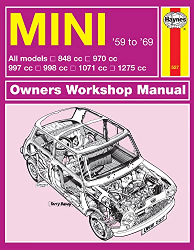 Haynes Owners Workshop Manual cover for 1959-1969 Mini cars, with cutaway illustration.