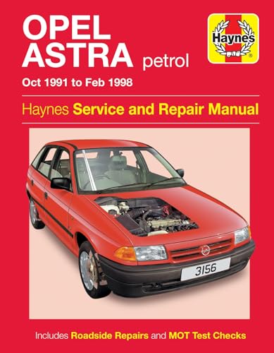 Red Opel Astra car with open hood, Haynes repair manual cover.