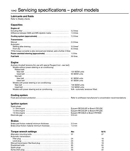 Peugeot 206 servicing specifications page with technical details and charts.