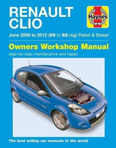 Renault Clio car repair manual cover, blue car image shown.