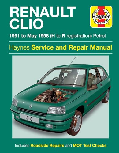 Green Renault Clio car with engine exposed, Haynes repair manual cover.