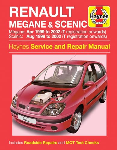 Red car repair manual cover for Renault Megane & Scenic 1999-2002.