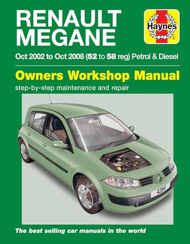 Renault Megane car repair manual cover with a green hatchback image.