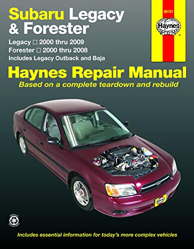 Haynes repair manual cover featuring a maroon Subaru Legacy with open hood.