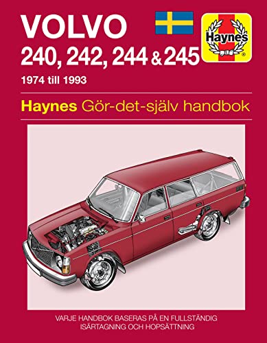 Red Volvo 240 series car repair manual cover with exploded diagram.