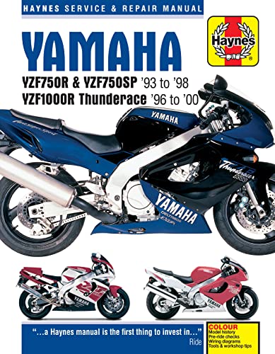 Haynes service manual cover featuring dark blue Yamaha YZF750R motorcycle.