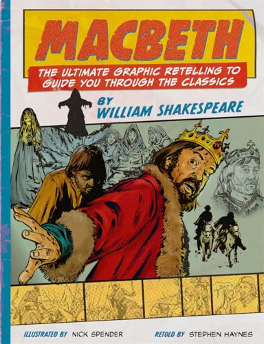 Cover of “Macbeth” comic featuring a king with a crown and ghostly figures.