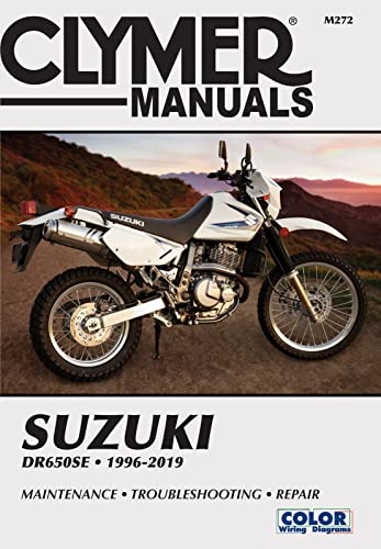 Clymer manual cover featuring a white and blue Suzuki DR650SE motorcycle.