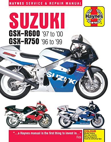 Haynes repair manual cover featuring a blue and white Suzuki GSX-R600/750 motorcycle.