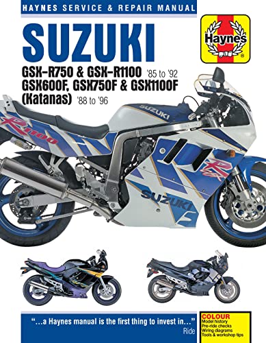 Haynes repair manual cover featuring a blue and white Suzuki motorcycle.