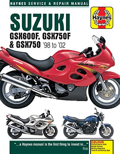 Haynes repair manual cover featuring red Suzuki GSX600/750F motorcycle.