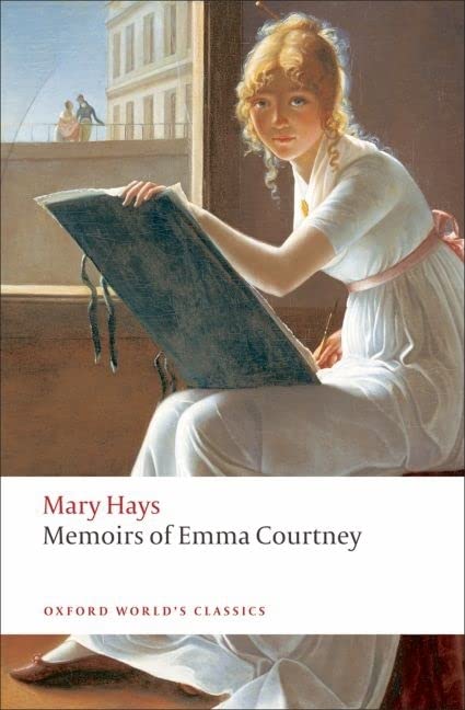 Book cover: woman with book, painting detail, red and white text.