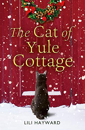 Book cover: red door, snowy scene, black cat looking up.