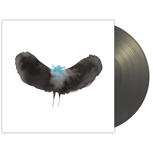 Vinyl record cover featuring a black watercolor moth with blue center and black disc.