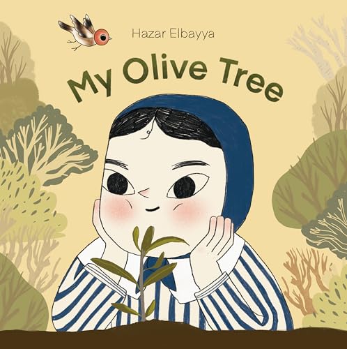 Book cover with illustrated child, olive tree sprout, and birds.