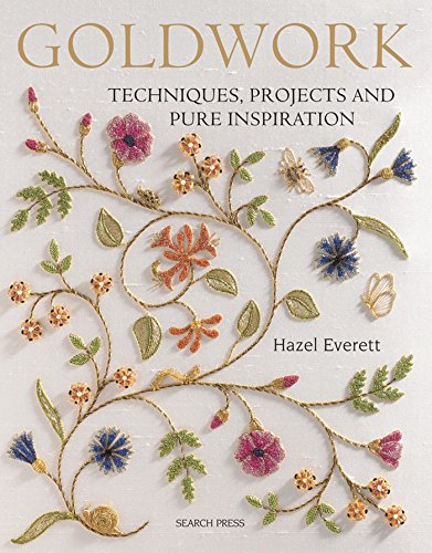 Book cover featuring goldwork embroidery of flowers, leaves, a bee, and a snail.