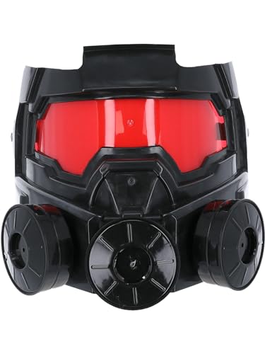 Black gas mask with red tinted lenses and circular filter canisters.
