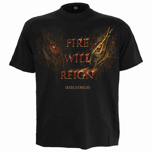 Black t-shirt with two dragon heads and "FIRE WILL REIGN" text.