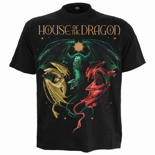 Black t-shirt with a graphic of three colorful dragons and text.