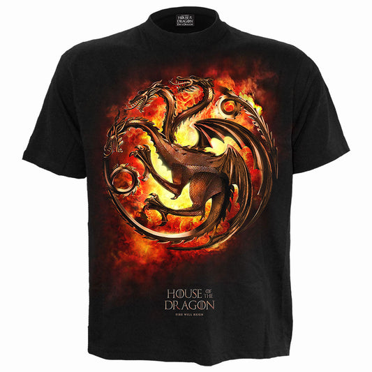 Black t-shirt with a fiery House of the Dragon three-headed dragon design.
