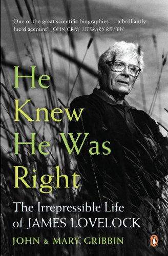 Book cover: portrait of James Lovelock amongst tall grasses, title in gold.