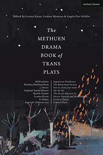 Black book cover with white text listing titles of trans plays.