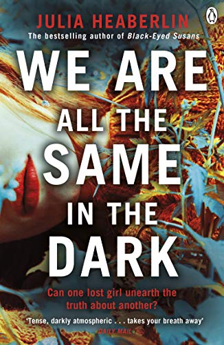 Book cover: "We Are All the Same in the Dark" with abstract red and blue imagery.