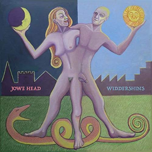 CD cover: two figures holding a moon and sun, surreal landscape.
